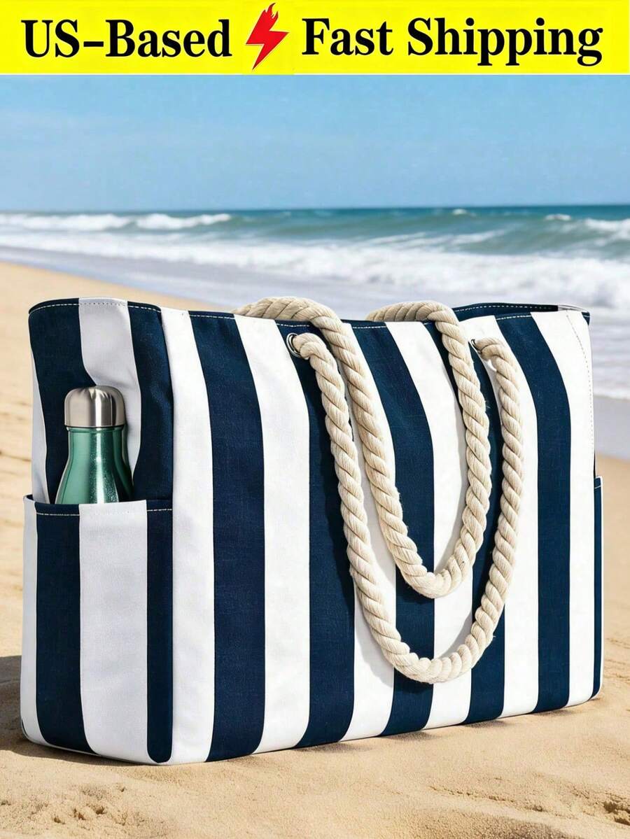 Beach Bags For Women Large Waterproof Beach Tote Bag Canvas Shoulder Bag Swim Pool Bag Casual Stripe Design Tote Bag Travel Essential Vacation