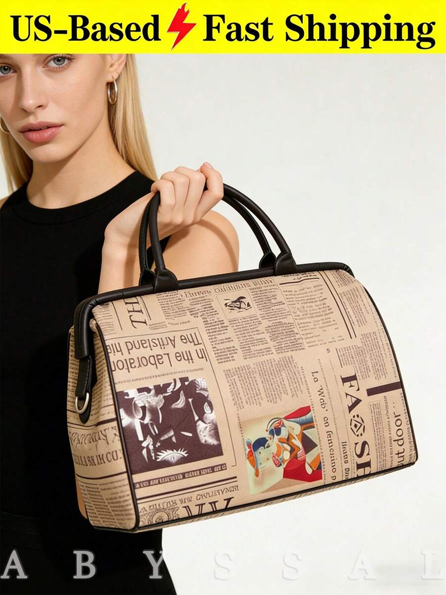 Retro Newspaper Print Tote Bag For Women Print Canvas Handbag Large Capacity Trave Bag Lightweight Sports Gym Bag Carry-On Bag Back To School Gifts