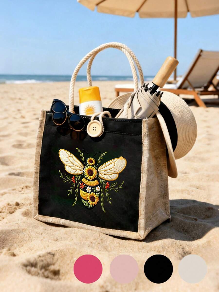 4 Colors Canvas Tote Bag, Bee Pattern Print, Women's Handbag, Daily Commute Bag, Shopping Bag, Beautiful Reusable Shopping Bag For Women, Cute Style Tote Bag, Natural Style Handbag, Bridesmaid Gift An