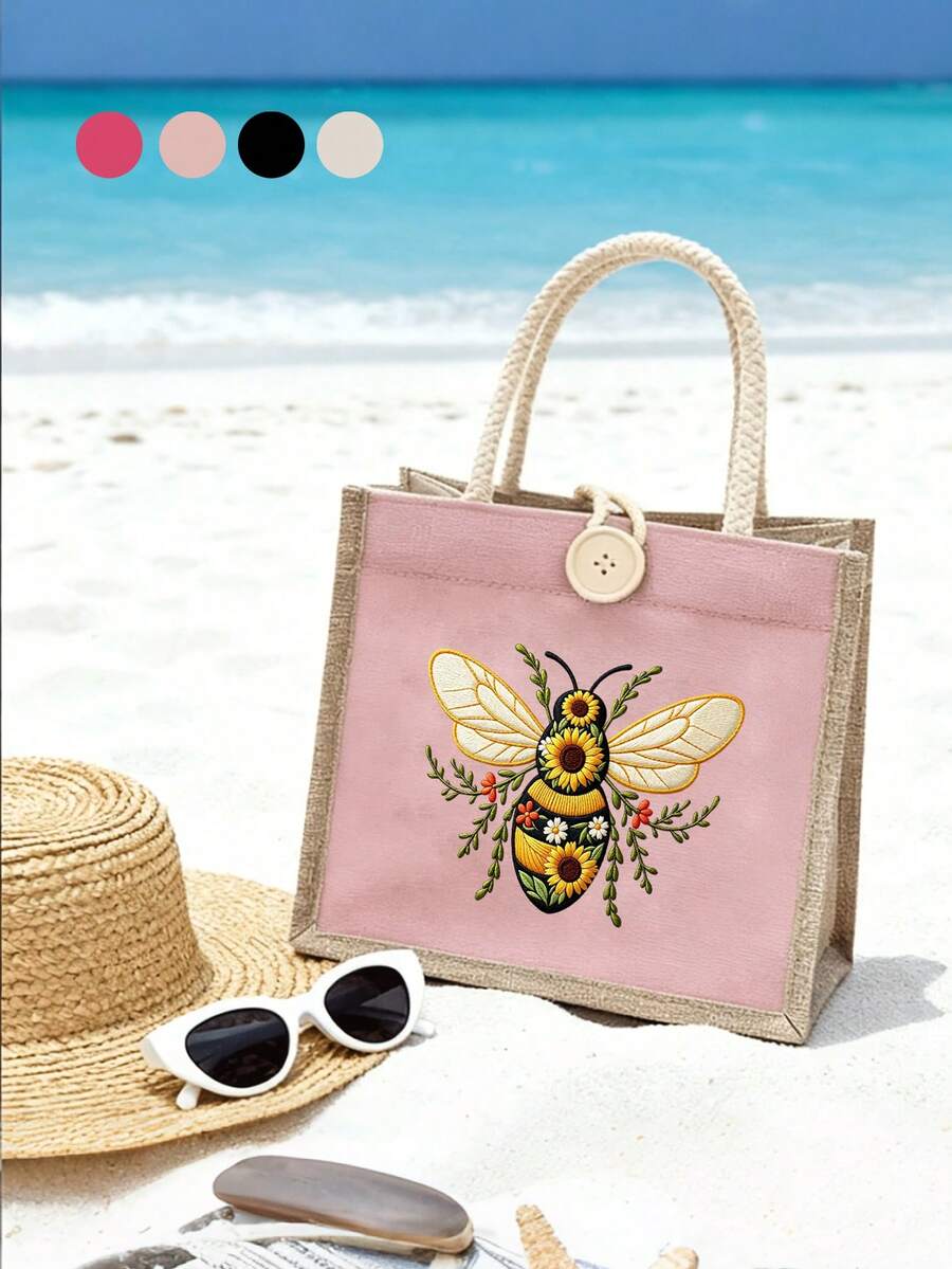 4 Colors Canvas Tote Bag, Bee Pattern Print, Women's Handbag, Daily Commute Bag, Shopping Bag, Beautiful Reusable Shopping Bag For Women, Cute Style Tote Bag, Natural Style Handbag, Bridesmaid Gift An