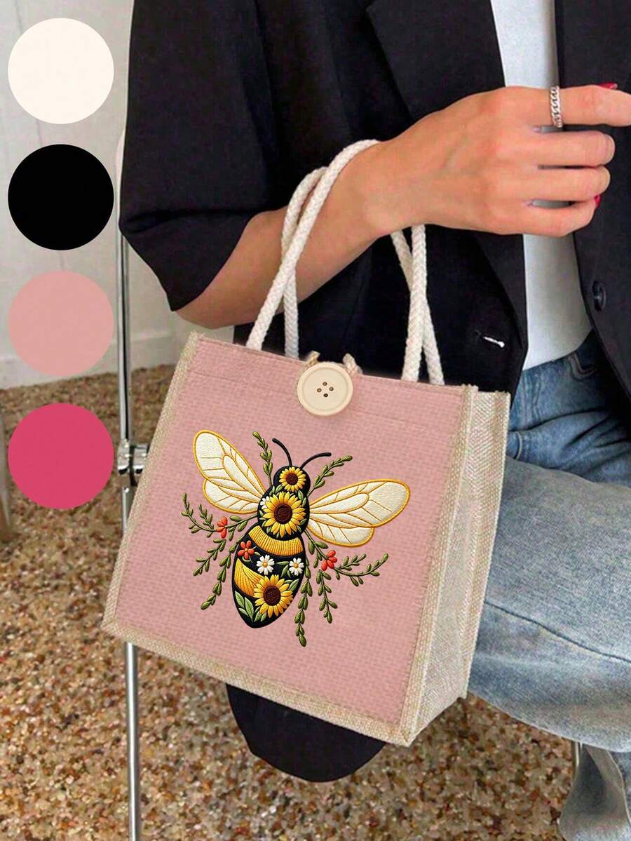 4 Colors Canvas Tote Bag, Bee Pattern Print, Women's Handbag, Daily Commute Bag, Shopping Bag, Beautiful Reusable Shopping Bag For Women, Cute Style Tote Bag, Natural Style Handbag, Bridesmaid Gift An