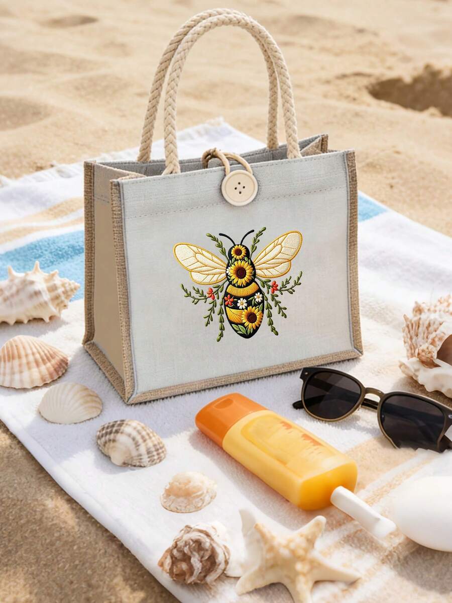 4 Colors Canvas Tote Bag, Bee Pattern Print, Women's Handbag, Daily Commute Bag, Shopping Bag, Beautiful Reusable Shopping Bag For Women, Cute Style Tote Bag, Natural Style Handbag, Bridesmaid Gift An