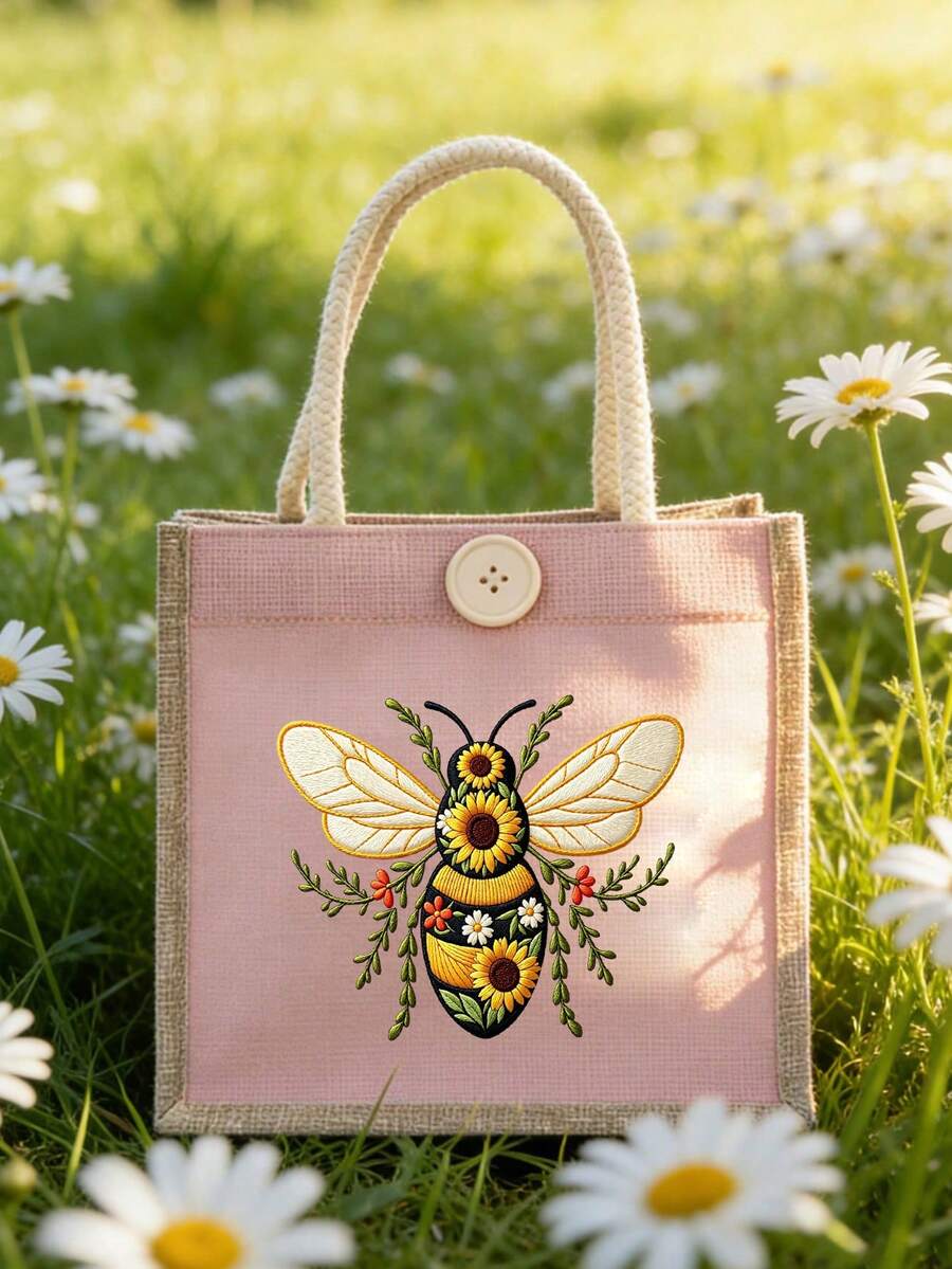 4 Colors Canvas Tote Bag, Bee Pattern Print, Women's Handbag, Daily Commute Bag, Shopping Bag, Beautiful Reusable Shopping Bag For Women, Cute Style Tote Bag, Natural Style Handbag, Bridesmaid Gift An