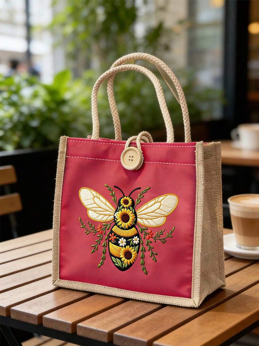 4 Colors Canvas Tote Bag, Bee Pattern Print, Women's Handbag, Daily Commute Bag, Shopping Bag, Beautiful Reusable Shopping Bag For Women, Cute Style Tote Bag, Natural Style Handbag, Bridesmaid Gift An