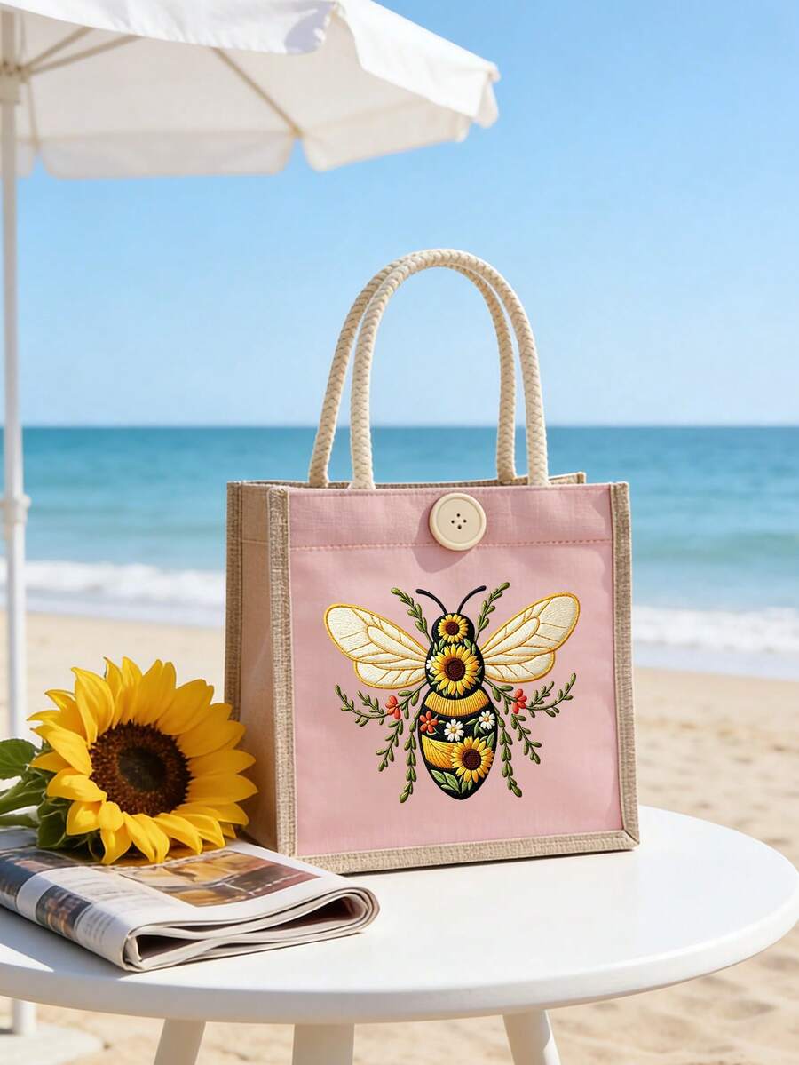 4 Colors Canvas Tote Bag, Bee Pattern Print, Women's Handbag, Daily Commute Bag, Shopping Bag, Beautiful Reusable Shopping Bag For Women, Cute Style Tote Bag, Natural Style Handbag, Bridesmaid Gift An