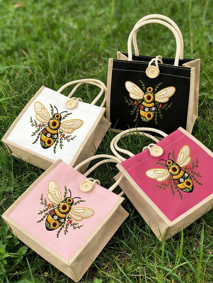 4 Colors Canvas Tote Bag, Bee Pattern Print, Women's Handbag, Daily Commute Bag