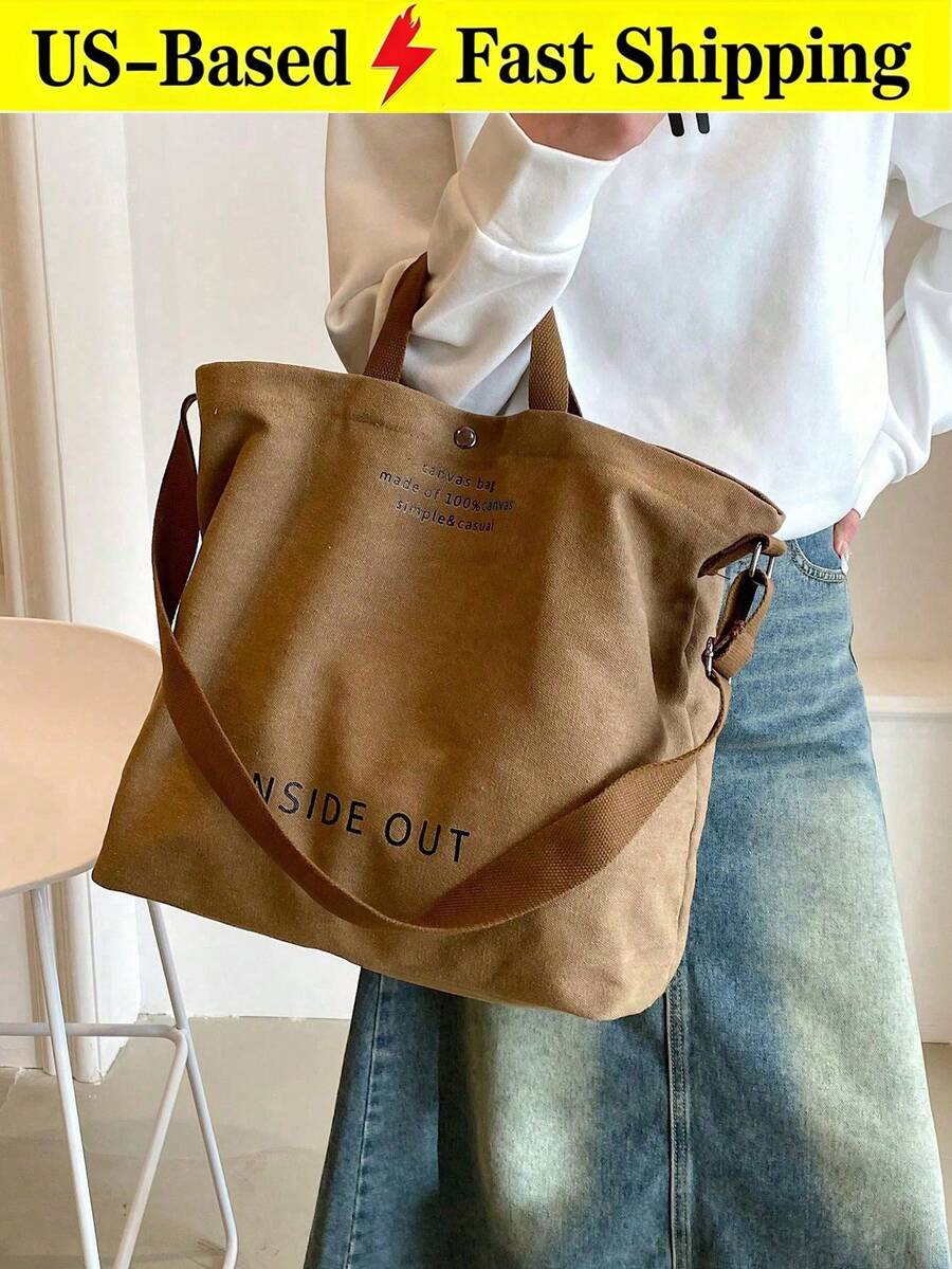 Retro Canvas Tote Bag Letter Print Shoulder Crossbody Bag Large-Capacity Double Handle Handbag College Grey Purse Back To School Travel Essential