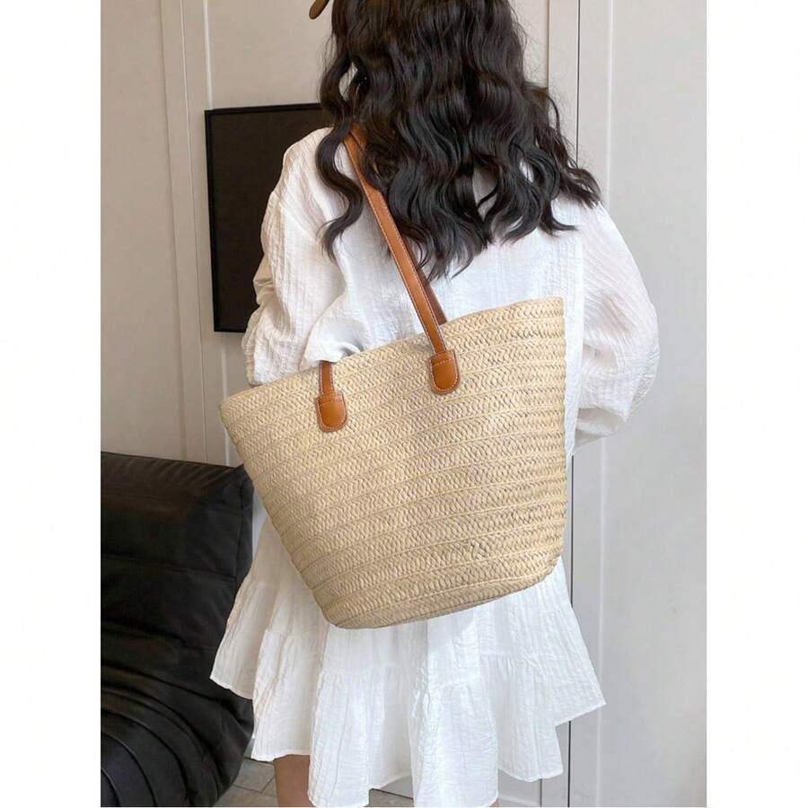 Straw Beach Bags For Women, Women Beach Handmade Woven Tote Bag, Summer Mesh Hollow Shoulder Bag For Holiday, Perfect For Beach, Commuting