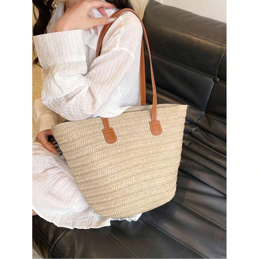 Straw Beach Bags For Women, Women Beach Handmade Woven Tote Bag, Summer Mesh Hollow Shoulder Bag For Holiday, Perfect For Beach, Commuting