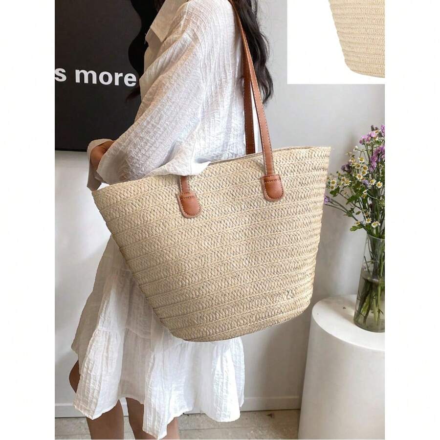 Straw Beach Bags For Women, Women Beach Handmade Woven Tote Bag, Summer Mesh Hollow Shoulder Bag For Holiday, Perfect For Beach, Commuting