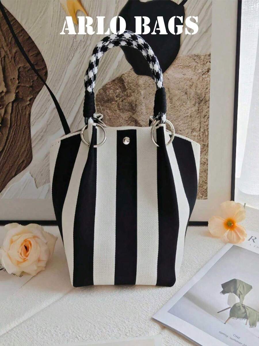 Black And White Striped Canvas Mini Bucket Tote Bag With Metal O-Ring And Plaid Knot Top Handle, A Vacation Bag, A Must-Have For Fashionable Women, Students And Campus People In Spring And Summer, Per