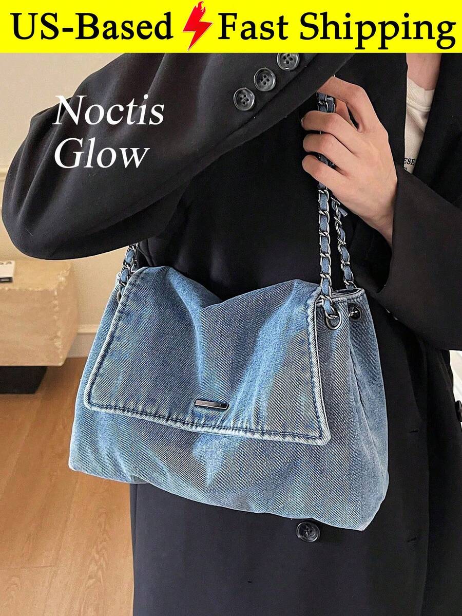 New Fashion Street Chain Decorated Jeans Tote Bag, Versatile Commuting Large Capacity Raw Edge Design Shoulder Bag, Casual Multi-Pocket Handbag, Suitable For Shopping And Commuting., Perfect For Cow G