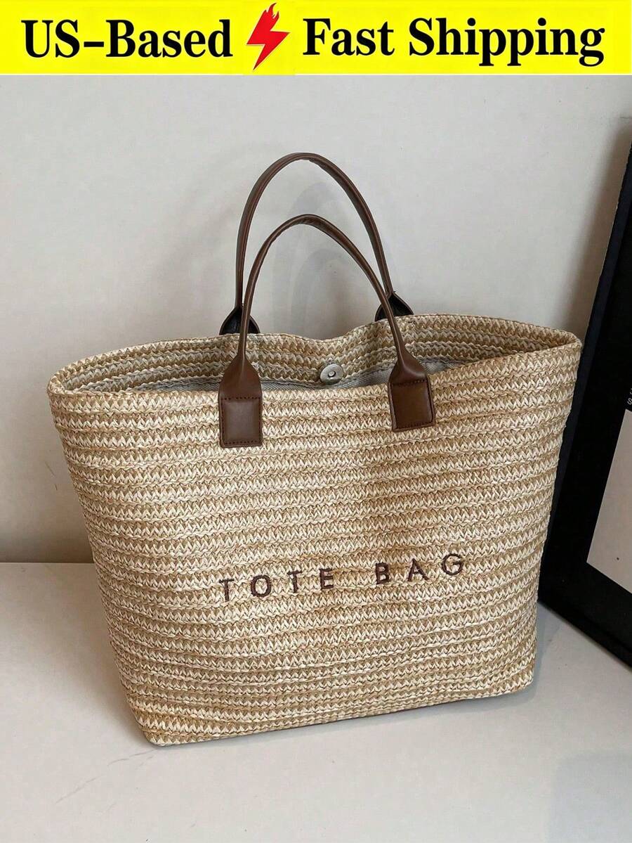 Summer Large Capacity Letter Decor Straw Beach Bag For Women Casual Woven Shoulder Handbag Tote Beach Brown Purse For Travel Vacation Birthday Gift