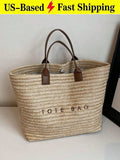 Summer Large Capacity Letter Decor Straw Beach Bag For Women Casual Woven Shoulder Handbag Tote Beach Brown Purse For Travel Vacation Birthday Gift