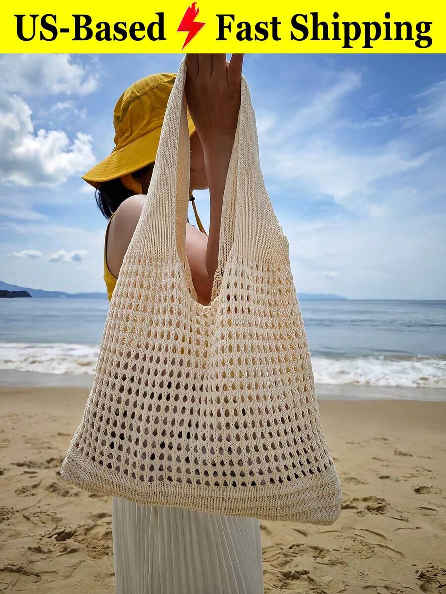 Hollow Knit Hollow Out Tote Bag Casual Crochet Mesh Shoulder Handbag Large Capacity Lightweight Reusable Shopping Bag For Women Daily Travel Beach