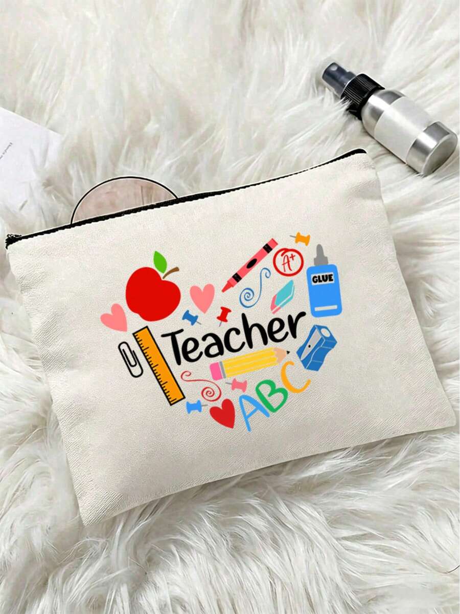 Teacher Theme Mesh Bag, Floral Design With "Teacher" Text, Transparent Mesh Storage Bag Toiletry Bag, Cosmetic Storage Bag, Portable Toiletry Organizer Bag, Ideal Teacher Gift, Travel Accessory| Insp