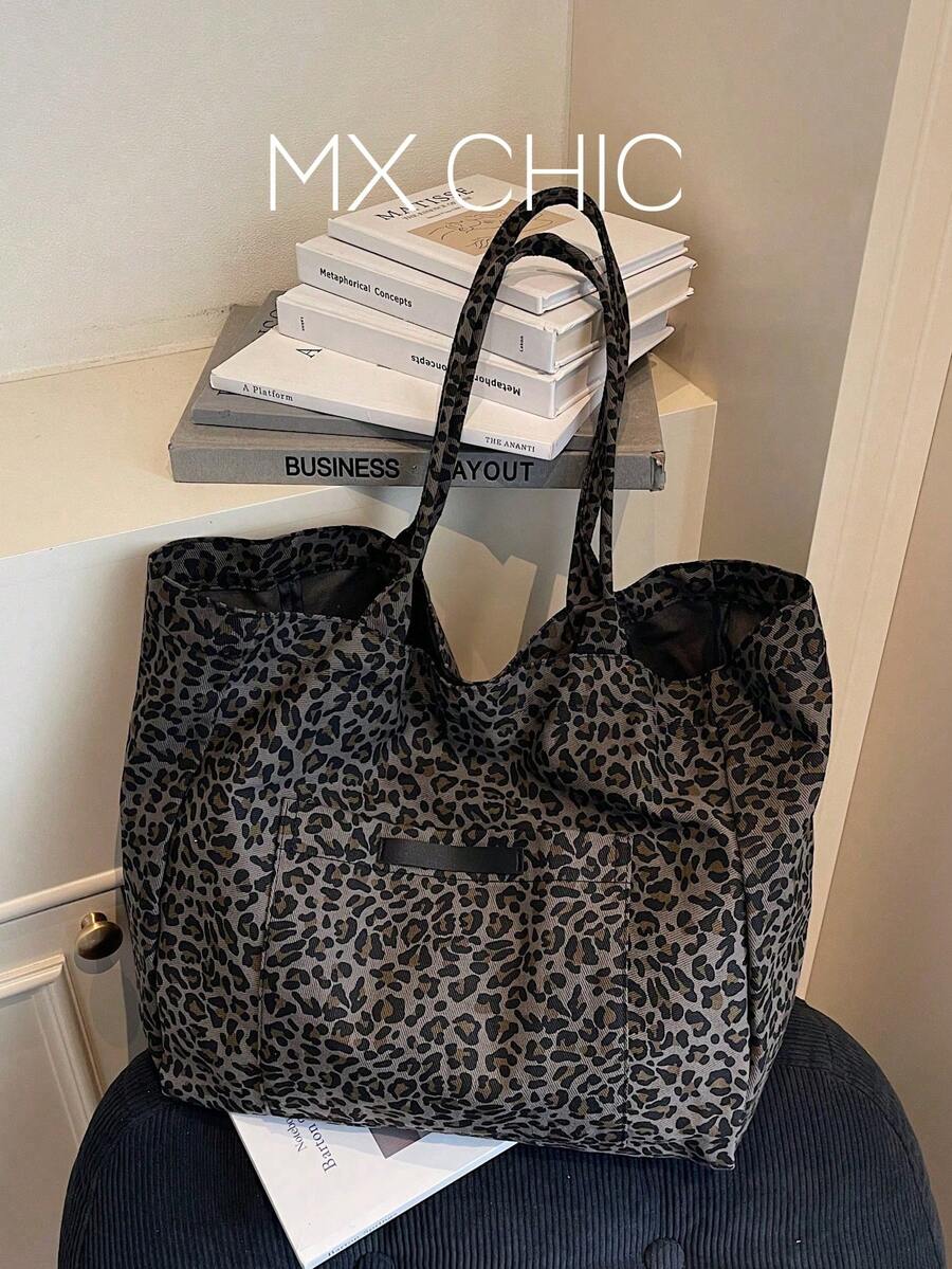 Fashionable Large-Capacity Leopard Print Canvas Tote Bag For Women, Suitable For School, Shopping, Travel, Outdoor Activities,Business Professional Women