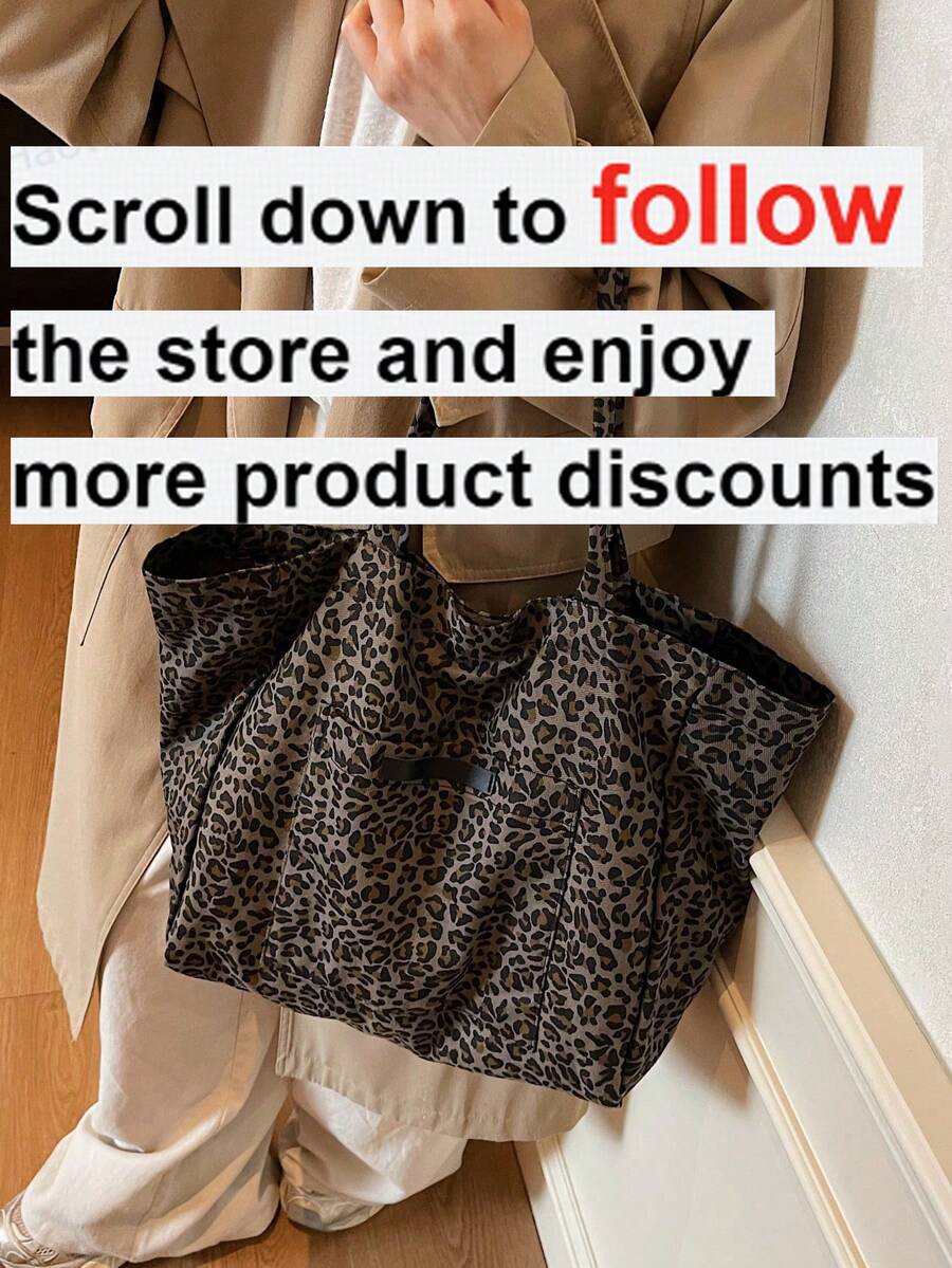 Fashionable Large-Capacity Leopard Print Canvas Tote Bag For Women, Suitable For School, Shopping, Travel, Outdoor Activities,Business Professional Women