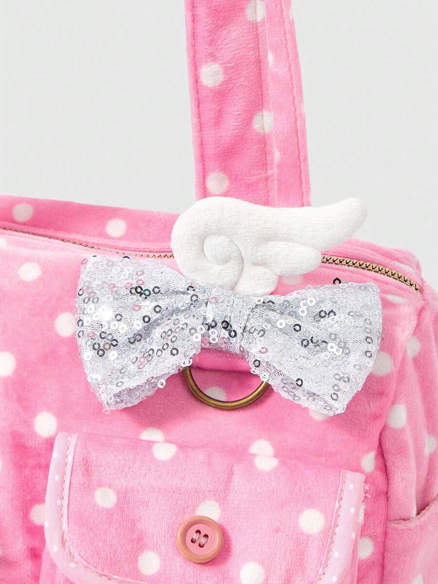 ROMWE Anime 1Pc Pink Y2k Cute College Polka Dot Printing Pattern With Wings Shiny Bow Mobile Phone Card Cover Pendant Decorative Design Multi-Functional Multi-Pocket Shoulder Tote Bag, Fashionable And