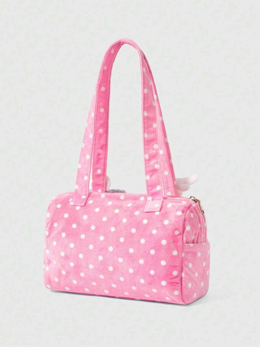 ROMWE Anime 1Pc Pink Y2k Cute College Polka Dot Printing Pattern With Wings Shiny Bow Mobile Phone Card Cover Pendant Decorative Design Multi-Functional Multi-Pocket Shoulder Tote Bag, Fashionable And