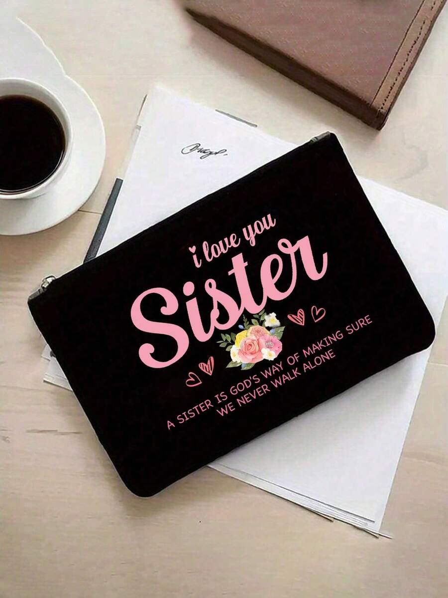 "I Love You, Sister" Black Linen Tote Bag With Matching Cosmetic Pouch, Minimalist Jesus Letter Print Inspirational Linen Handbag, Pink Letter Floral Print Reusable Linen Shopping Bag| Lightweight Fo