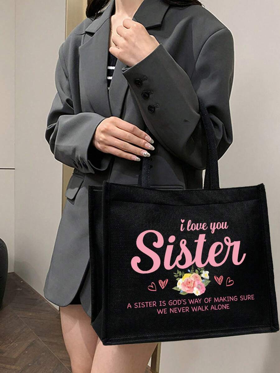 "I Love You, Sister" Black Linen Tote Bag With Matching Cosmetic Pouch, Minimalist Jesus Letter Print Inspirational Linen Handbag, Pink Letter Floral Print Reusable Linen Shopping Bag| Lightweight Fo