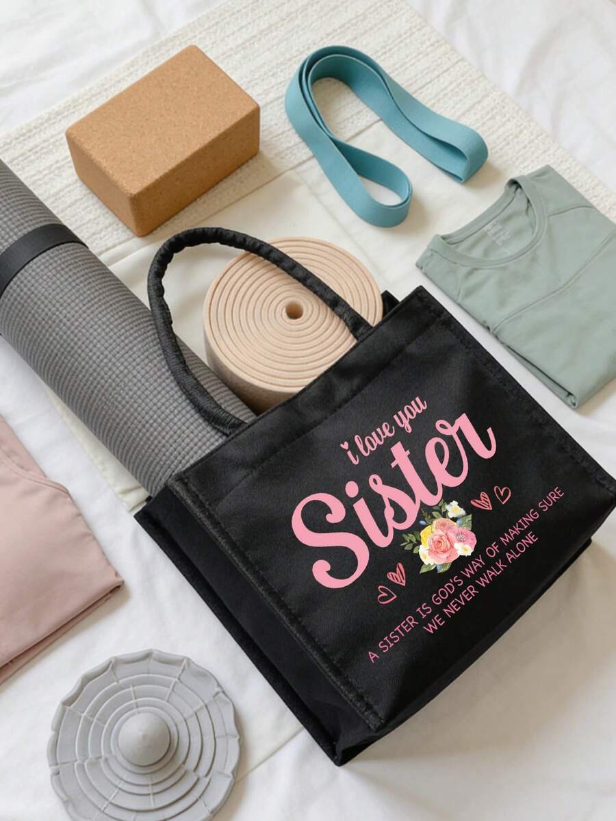 "I Love You, Sister" Black Linen Tote Bag With Matching Cosmetic Pouch, Minimalist Jesus Letter Print Inspirational Linen Handbag, Pink Letter Floral Print Reusable Linen Shopping Bag| Lightweight Fo