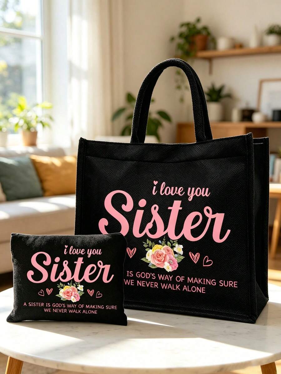 "I Love You, Sister" Black Linen Tote Bag With Matching Cosmetic Pouch, Minimalist Jesus Letter Print Inspirational Linen Handbag, Pink Letter Floral Print Reusable Linen Shopping Bag| Lightweight Fo