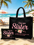 "I Love You, Sister" Black Linen Tote Bag With Matching Cosmetic Pouch