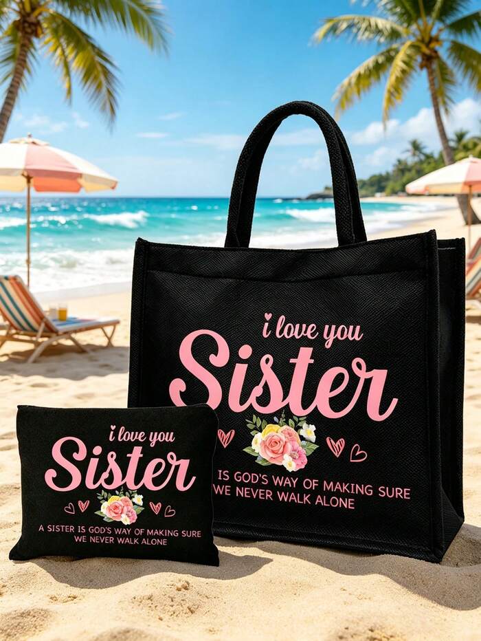 "I Love You, Sister" Black Linen Tote Bag With Matching Cosmetic Pouch
