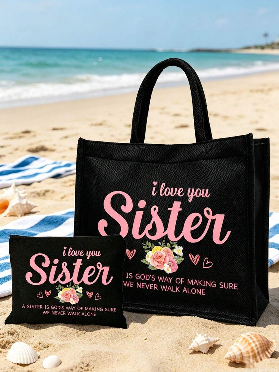 "I Love You, Sister" Black Linen Tote Bag With Matching Cosmetic Pouch, Minimalist Jesus Letter Print Inspirational Linen Handbag, Pink Letter Floral Print Reusable Linen Shopping Bag| Lightweight Fo