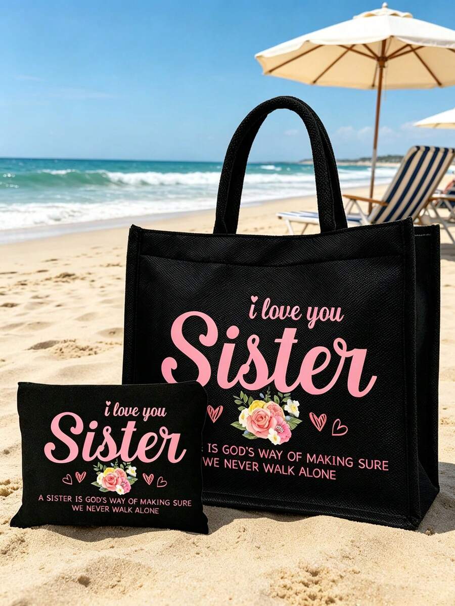 "I Love You, Sister" Black Linen Tote Bag With Matching Cosmetic Pouch, Minimalist Jesus Letter Print Inspirational Linen Handbag, Pink Letter Floral Print Reusable Linen Shopping Bag| Lightweight Fo