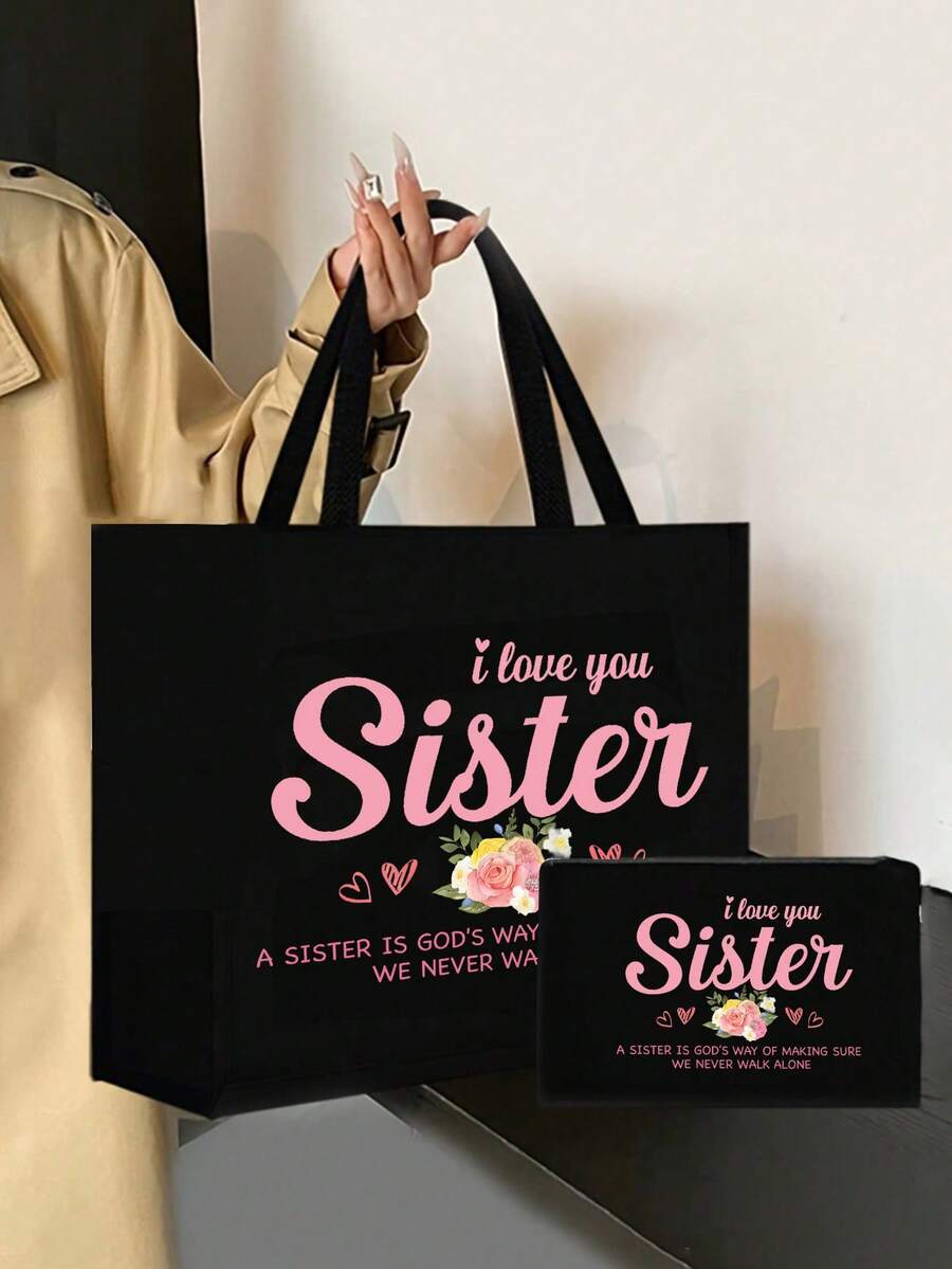 "I Love You, Sister" Black Linen Tote Bag With Matching Makeup Pouch, Minimalist Jesus Letter Print Inspirational Linen Handbag, Pink Letter Floral Print Reusable Linen Shopping Bag| Lightweight Fold