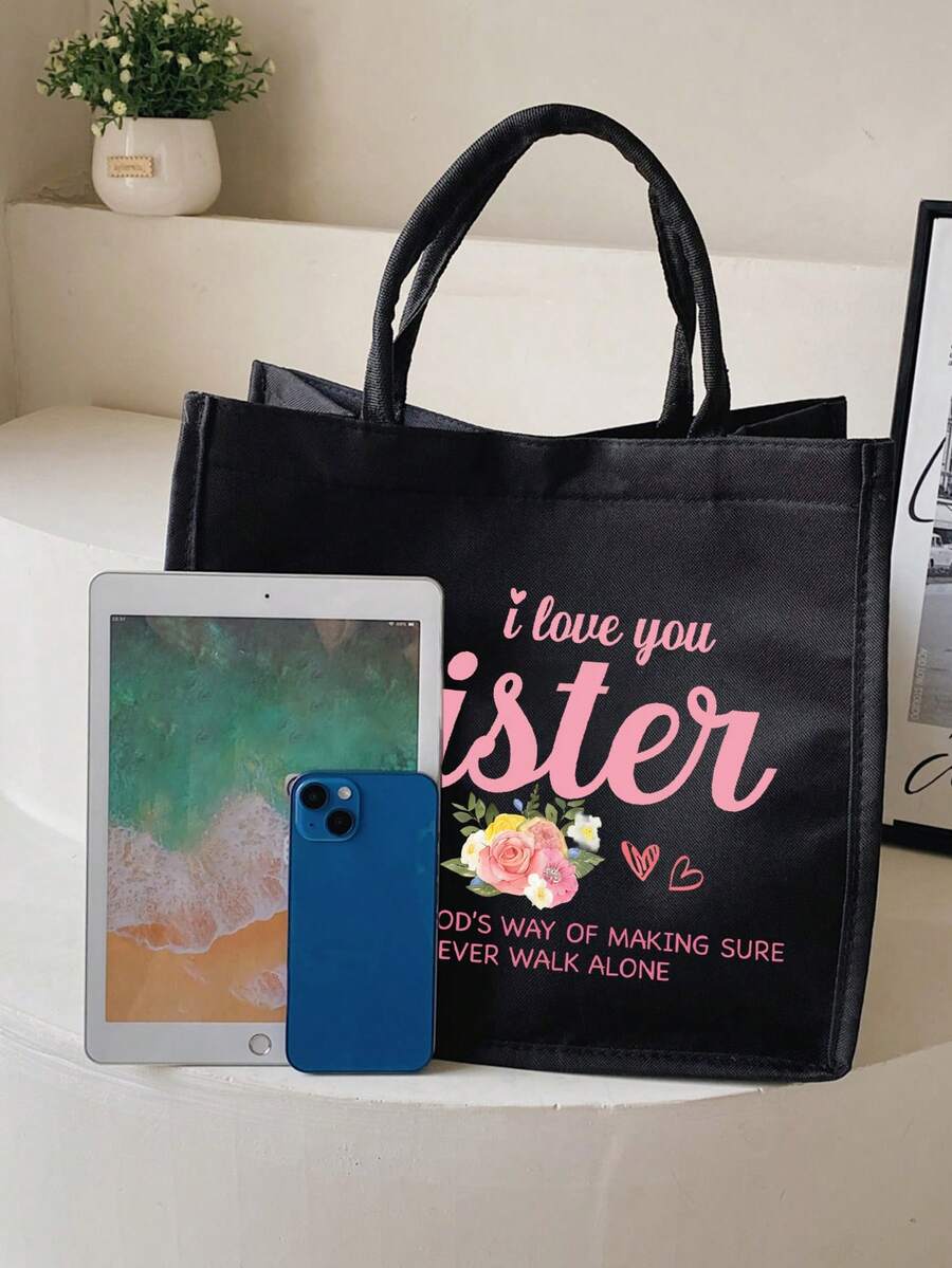 "I Love You, Sister" Black Linen Tote Bag With Matching Makeup Pouch, Minimalist Jesus Letter Print Inspirational Linen Handbag, Pink Letter Floral Print Reusable Linen Shopping Bag| Lightweight Fold