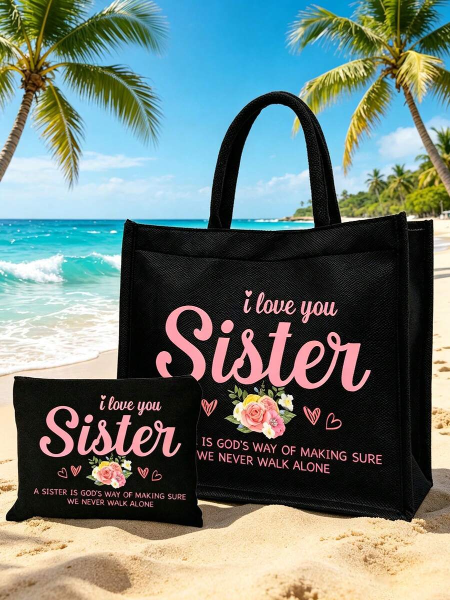 "I Love You, Sister" Black Linen Tote Bag With Matching Makeup Pouch, Minimalist Jesus Letter Print Inspirational Linen Handbag, Pink Letter Floral Print Reusable Linen Shopping Bag| Lightweight Fold
