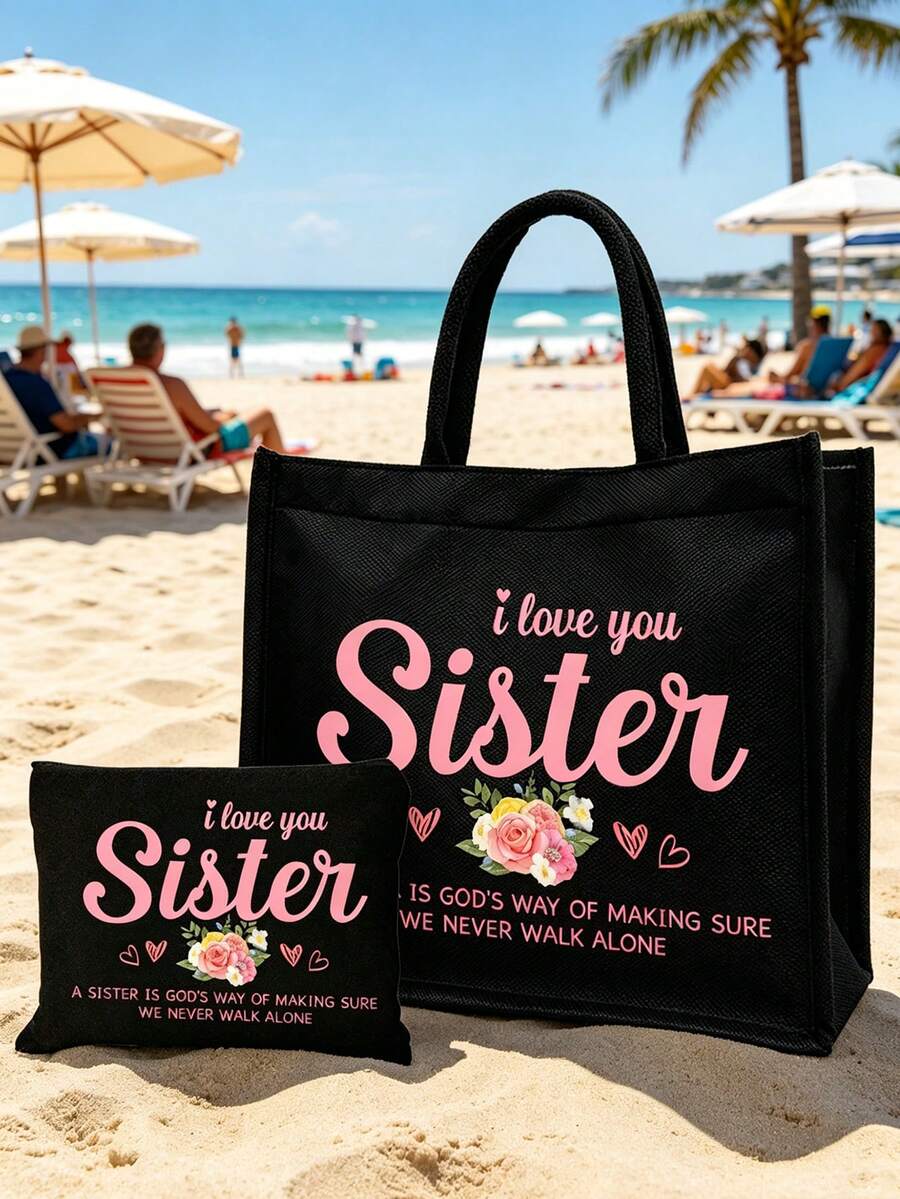 "I Love You, Sister" Black Linen Tote Bag With Matching Makeup Pouch, Minimalist Jesus Letter Print Inspirational Linen Handbag, Pink Letter Floral Print Reusable Linen Shopping Bag| Lightweight Fold