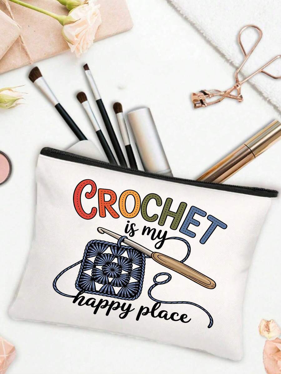Large Capacity Tote Bag, Fashionable Minimalist Large Capacity Shoulder Bag, Commuter Bag, Printed With "Crochet Is My Source Of Happiness" Text And Crochet Pattern, Suitable For School, Work, Vacatio