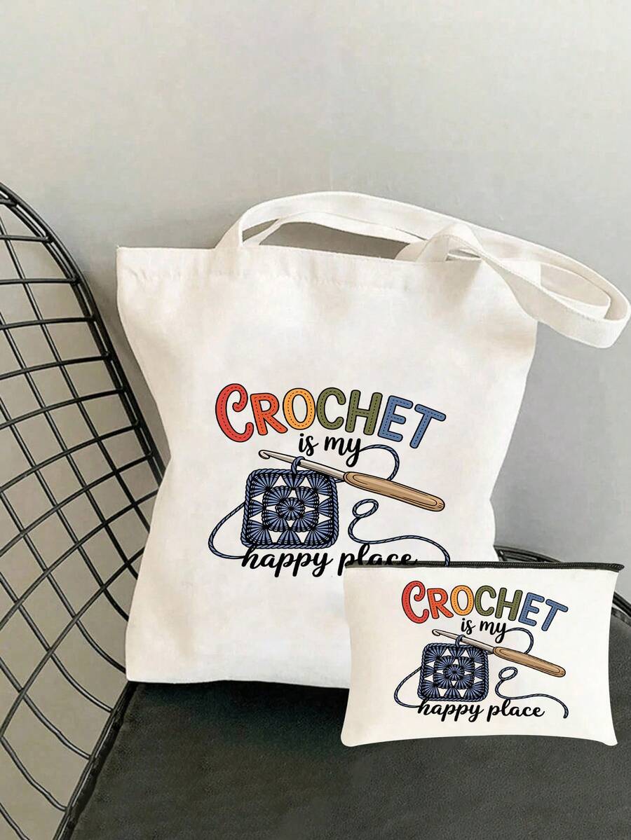 Large Capacity Tote Bag, Fashionable Minimalist Large Capacity Shoulder Bag, Commuter Bag, Printed With "Crochet Is My Source Of Happiness" Text And Crochet Pattern, Suitable For School, Work, Vacatio