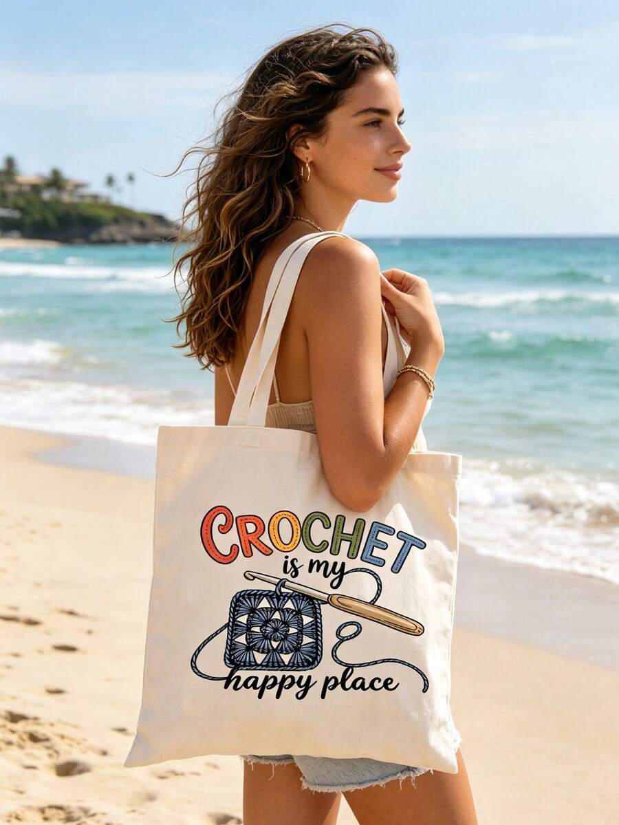 Large Capacity Tote Bag, Fashionable Minimalist Large Capacity Shoulder Bag, Commuter Bag, Printed With "Crochet Is My Source Of Happiness" Text And Crochet Pattern, Suitable For School, Work, Vacatio