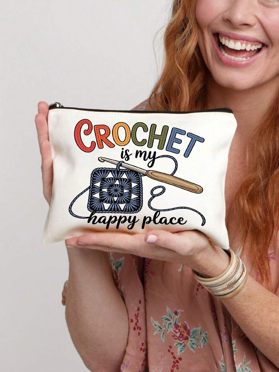 Large Capacity Tote Bag, Fashionable Minimalist Large Capacity Shoulder Bag, Commuter Bag, Printed With "Crochet Is My Source Of Happiness" Text And Crochet Pattern, Suitable For School, Work, Vacatio