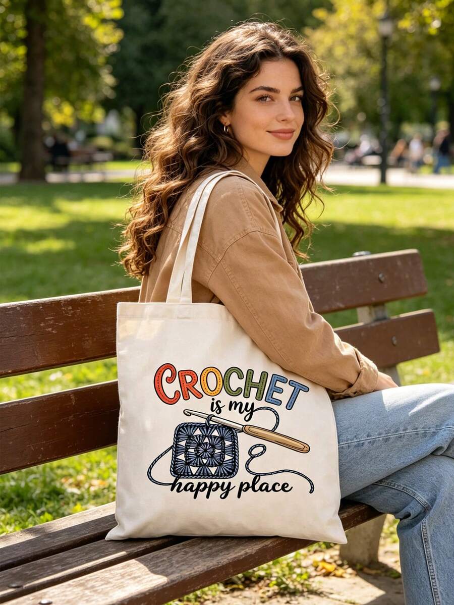 Large Capacity Tote Bag, Fashionable Minimalist Large Capacity Shoulder Bag, Commuter Bag, Printed With "Crochet Is My Source Of Happiness" Text And Crochet Pattern, Suitable For School, Work, Vacatio