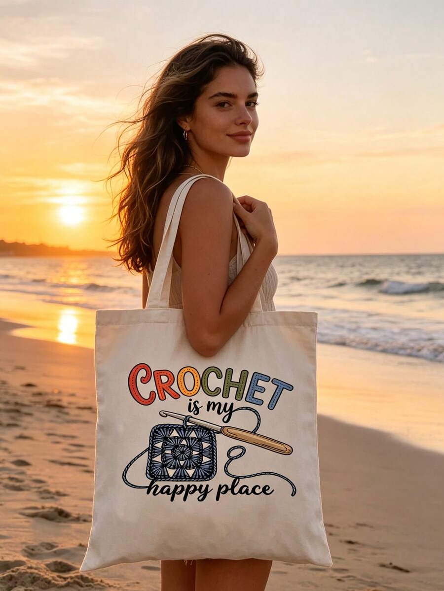 Large Capacity Tote Bag, Fashionable Minimalist Large Capacity Shoulder Bag, Commuter Bag, Printed With "Crochet Is My Source Of Happiness" Text And Crochet Pattern, Suitable For School, Work, Vacatio