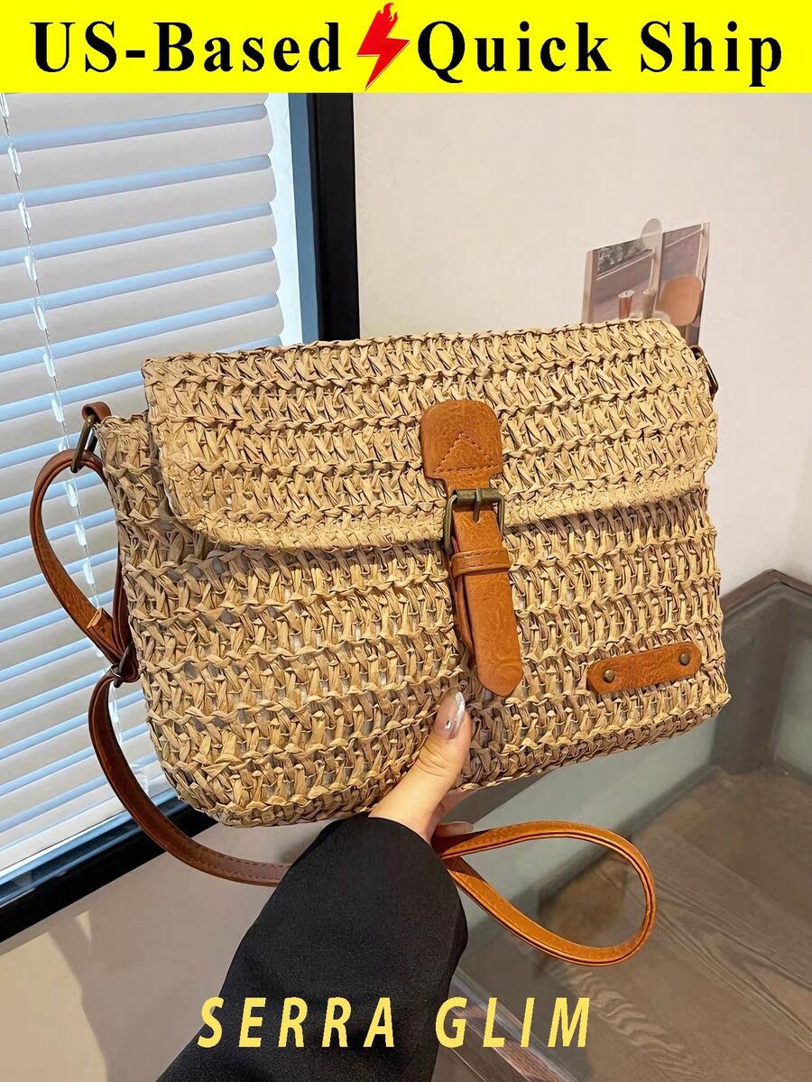 Retro-Chic Beach Tote Bag Beach Vacation Straw Crossbody Bag Summer Casual Messenger Bag Vintage Handbag Woven Bag-Perfect For Beach Trips Vacations
