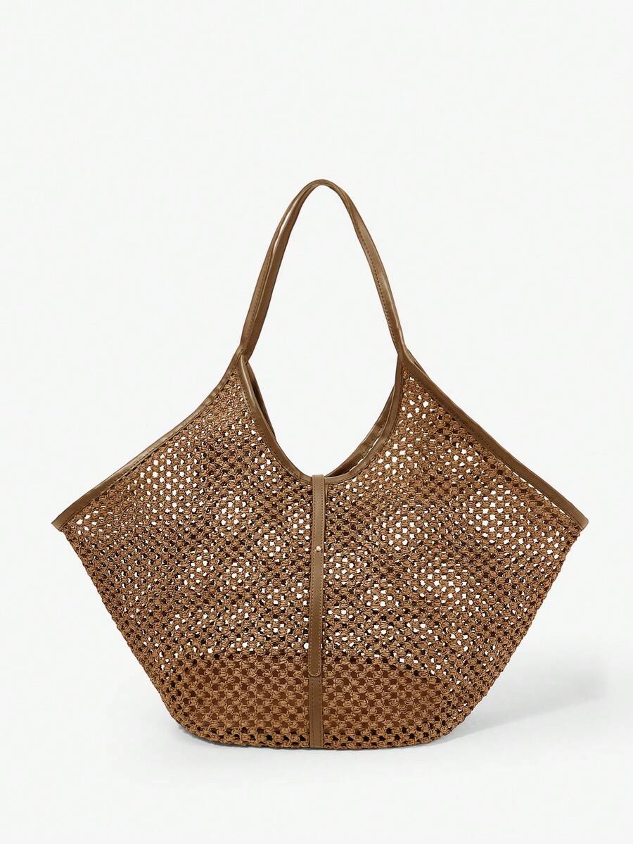 Maija Ladies, Women Khaki Tote Bag, Straw Bag, Straw Woven Bag, Hollow, Large Capacity, Fashionable, Elegant, Simple, Personalized, Versatile, Classic, For Commute, Office, Date, Daily, Shopping, Af