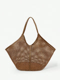 Maija Ladies, Women Khaki Tote Bag, Straw Bag, Straw Woven Bag, Hollow, Large Capacity, Fashionable, Elegant, Simple, Personalized, Versatile, Classic, For Commute, Office, Date, Daily, Shopping, Af