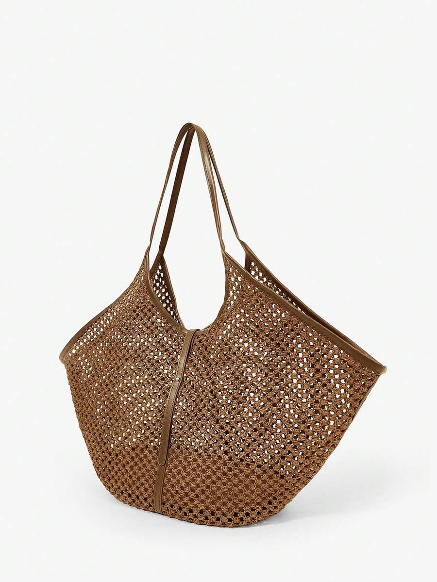 Maija Ladies, Women Khaki Tote Bag, Straw Bag, Straw Woven Bag, Hollow, Large Capacity, Fashionable, Elegant, Simple, Personalized, Versatile, Classic, For Commute, Office, Date, Daily, Shopping, Af