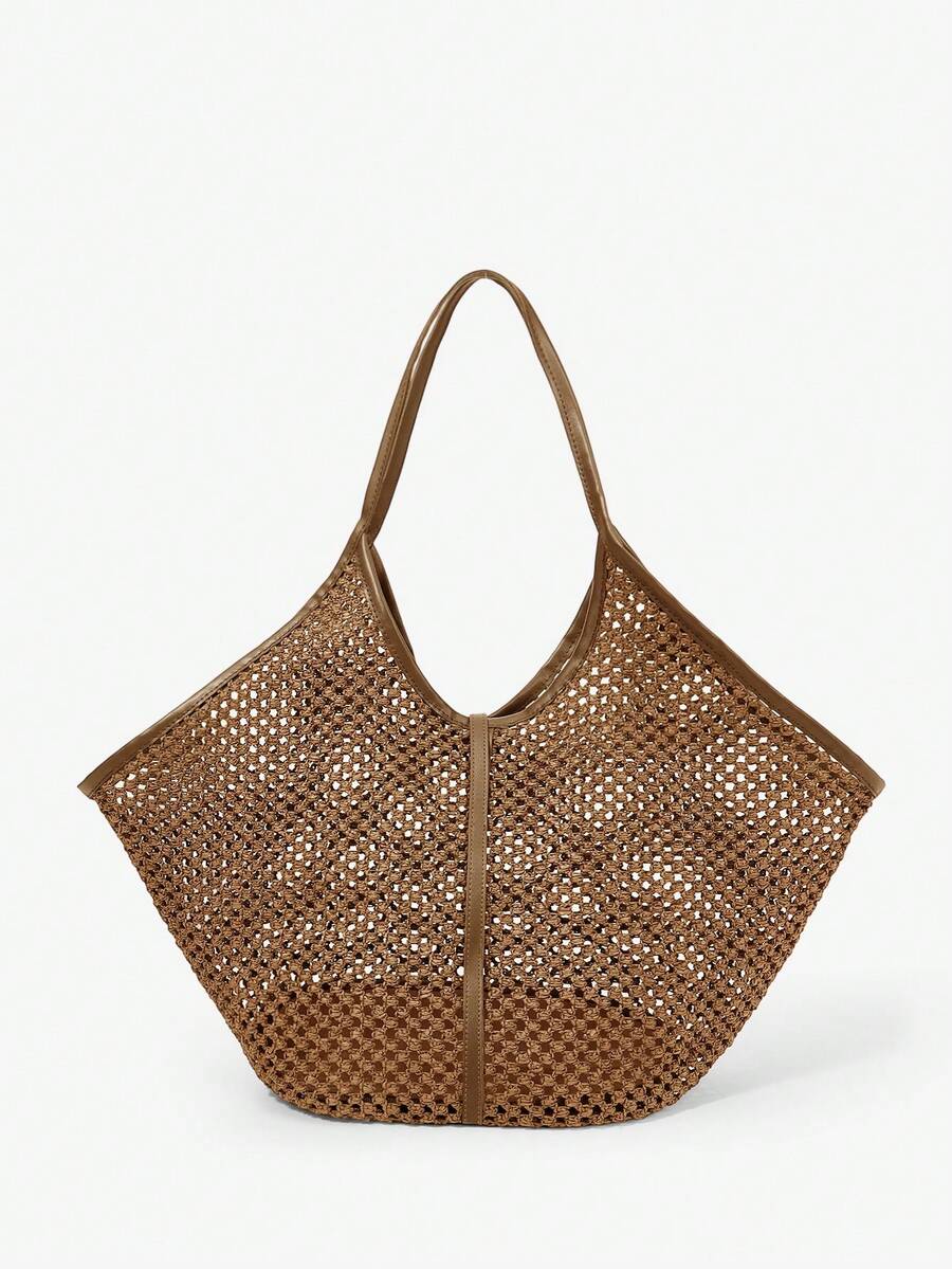 Maija Ladies, Women Khaki Tote Bag, Straw Bag, Straw Woven Bag, Hollow, Large Capacity, Fashionable, Elegant, Simple, Personalized, Versatile, Classic, For Commute, Office, Date, Daily, Shopping, Af