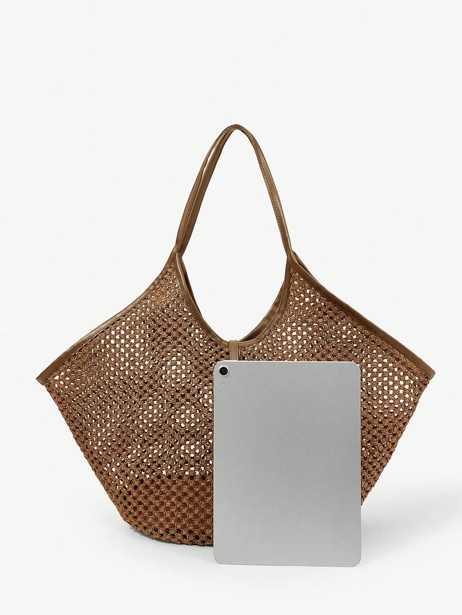 Maija Ladies, Women Khaki Tote Bag, Straw Bag, Straw Woven Bag, Hollow, Large Capacity, Fashionable, Elegant, Simple, Personalized, Versatile, Classic, For Commute, Office, Date, Daily, Shopping, Af