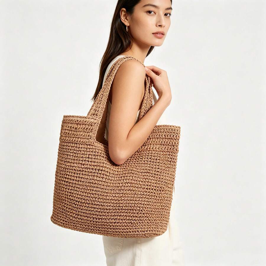Women's Fashion Solid Color Handwoven Straw Shoulder Bag, Large Capacity Tote, Classic Square Bag Style,Summer Vacation Travel Beach Bag-Khaki