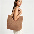 Women's Fashion Solid Color Handwoven Straw Shoulder Bag, Large Capacity Tote, Classic Square Bag Style,Summer Vacation Travel Beach Bag-Khaki